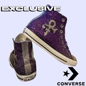 Converse Sparkling Purple and Silver High-Tops custom Prince design Ribbon laces